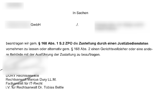 Zustellung 168 ZPO